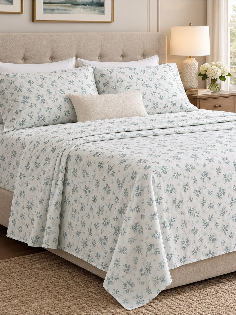 South Point King 6-Piece Sheet Set - Pale Green Leaf Print New